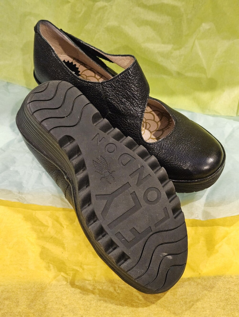 Fly London Black Leather Wedge Mary Jane - Picture 2 of 4